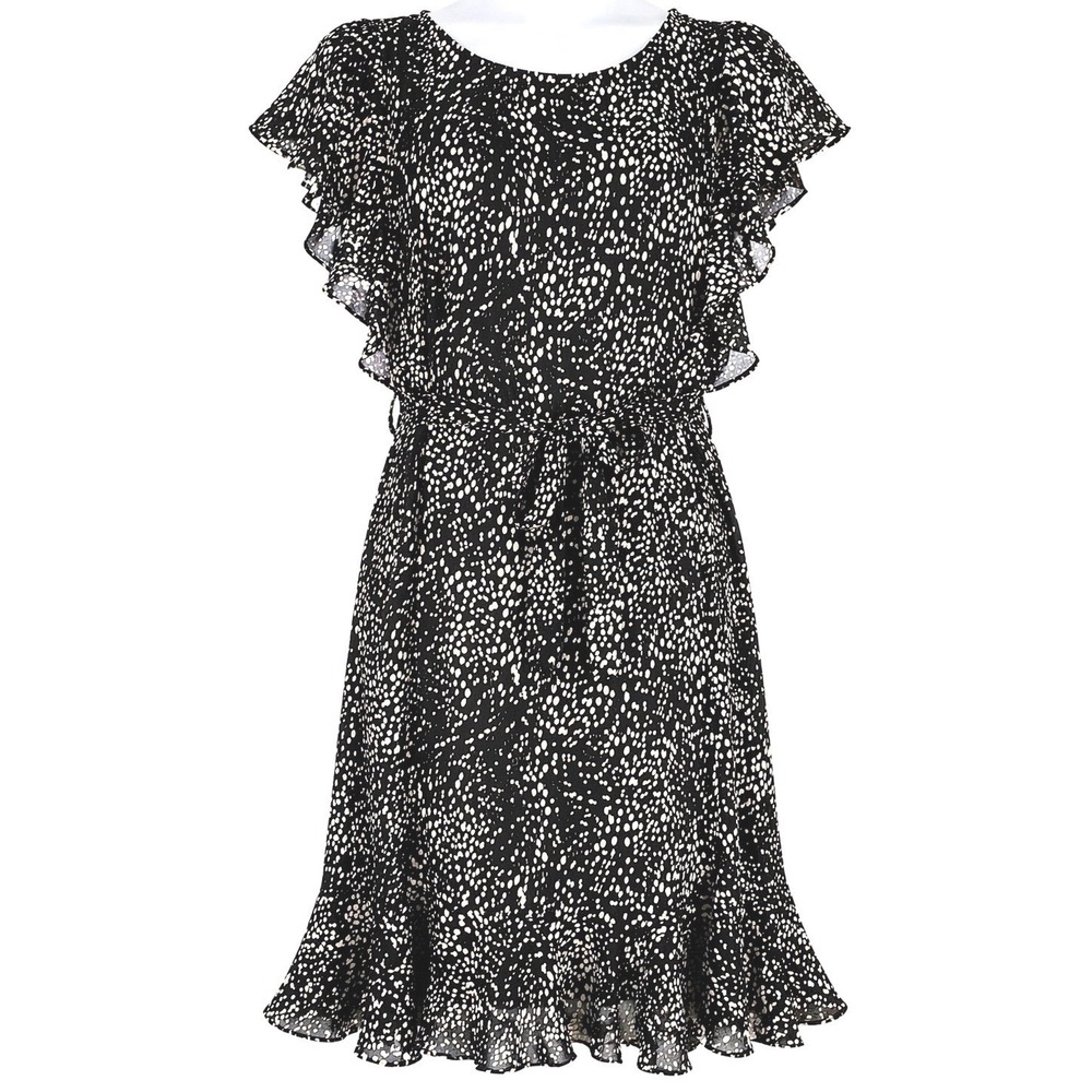 Max Studio XL Black White Print Dress Flutter Sleeve Tie Waist Knee Length